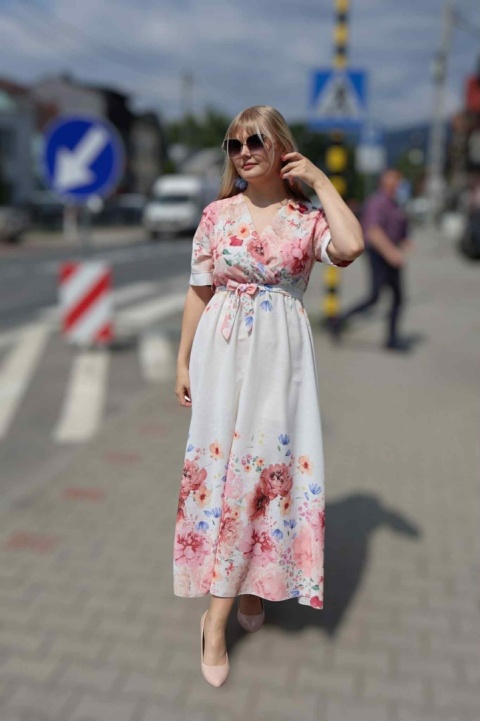 Długa sukienka z kopertowym dekoltem, wzór kwiatowy, 60% len