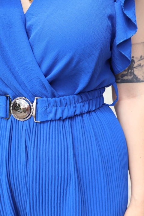 Długi kombinezon z szerokimi nogawkami, kopertowy dekolt