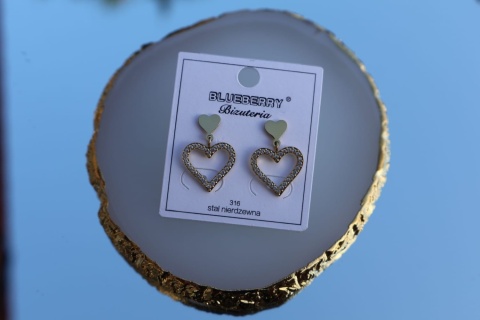 Kolczyki sztyfty, wkrętki, stal nierdzewna, serca z cyrkoniami