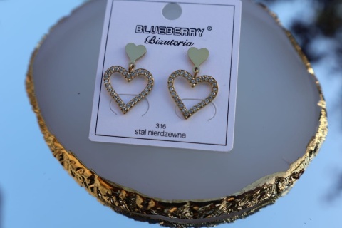 Kolczyki sztyfty, wkrętki, stal nierdzewna, serca z cyrkoniami