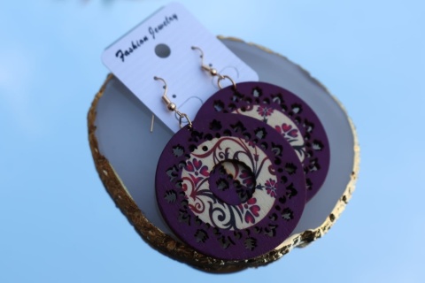 Kolczyki wiszące, drewniane, okrągłe,ażurowe