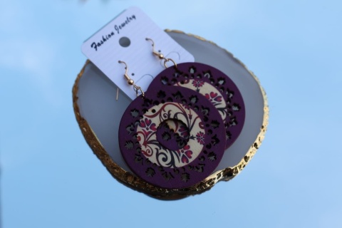 Kolczyki wiszące, drewniane, okrągłe,ażurowe