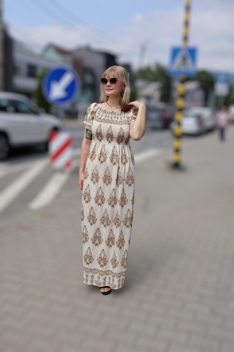 Sukienka maxi hiszpanka, azteckie wzory, krótki rękaw