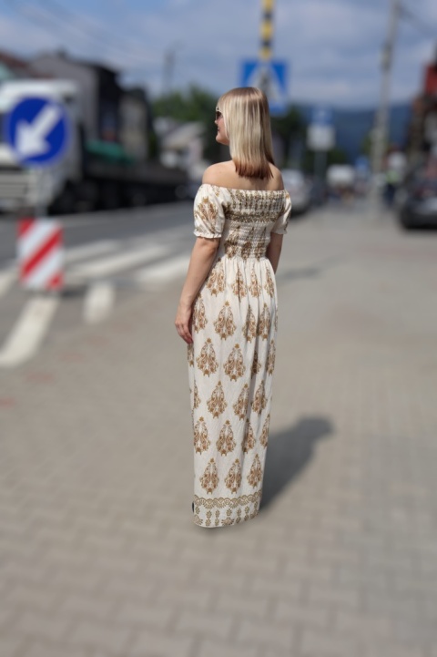 Sukienka maxi hiszpanka, azteckie wzory, krótki rękaw