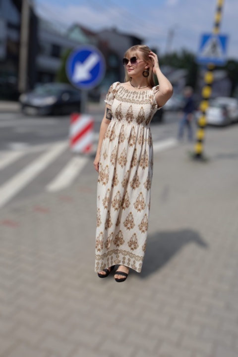 Sukienka maxi hiszpanka, azteckie wzory, krótki rękaw
