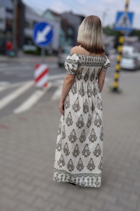 Sukienka maxi hiszpanka, azteckie wzory, krótki rękaw