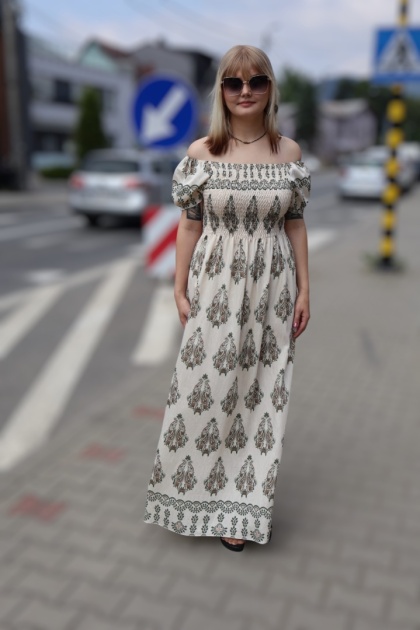 Sukienka maxi hiszpanka, azteckie wzory, krótki rękaw