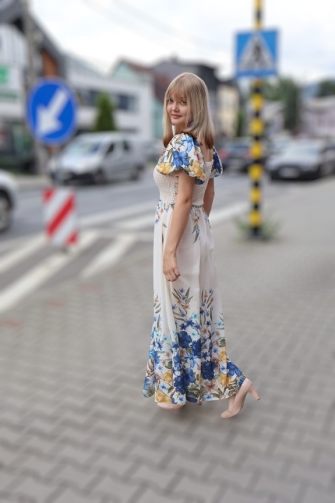 Sukienka maxi hiszpanka, kwiaty, krótki rękaw z lnem