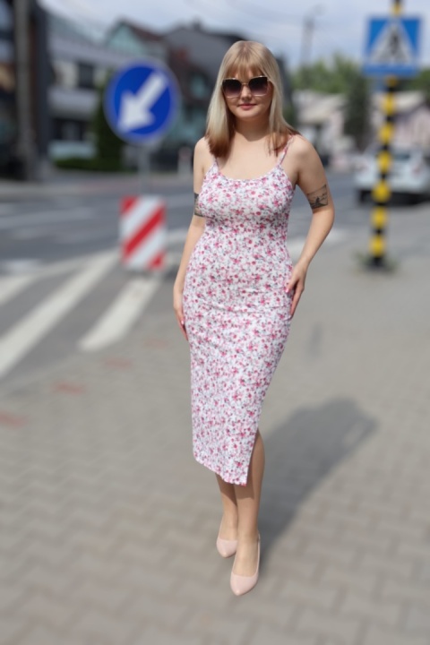 Sukienka midi w kwiatowy wzór,prążek, na szelkach, dopasowana-ołówkowa z rozcięciem
