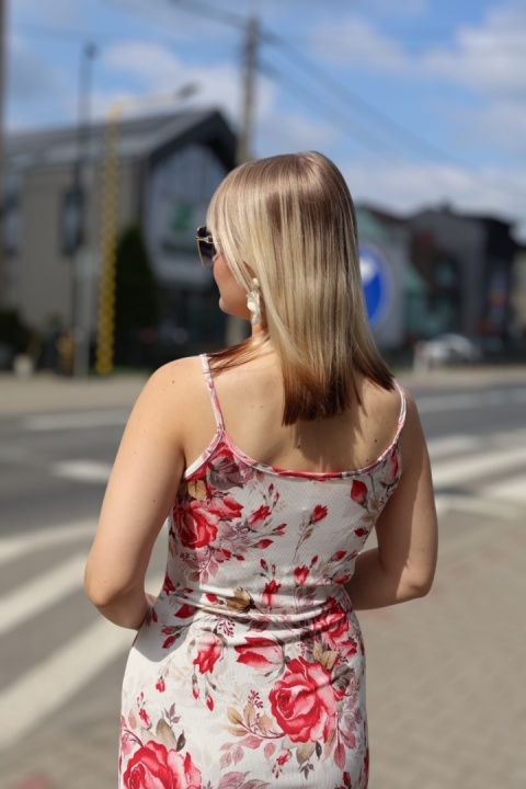 Sukienka midi w róże, prążek, na szelkach, ołówkowa