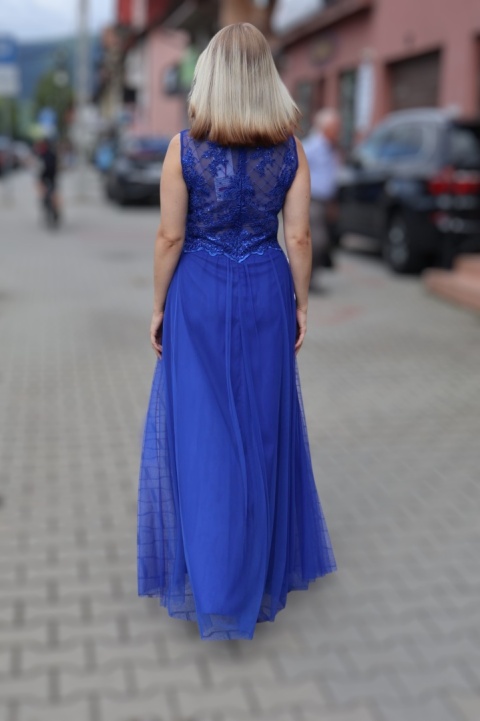 Sukienka wieczorowa długa z rozcięciem, koronka, cekiny, tiul,