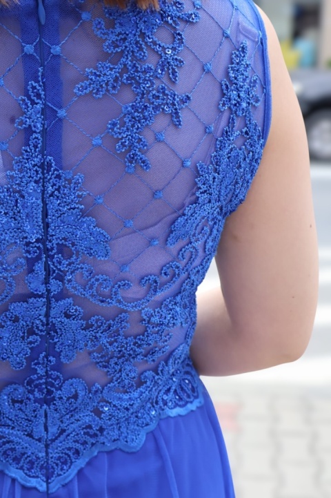 Sukienka wieczorowa długa z rozcięciem, koronka, cekiny, tiul,