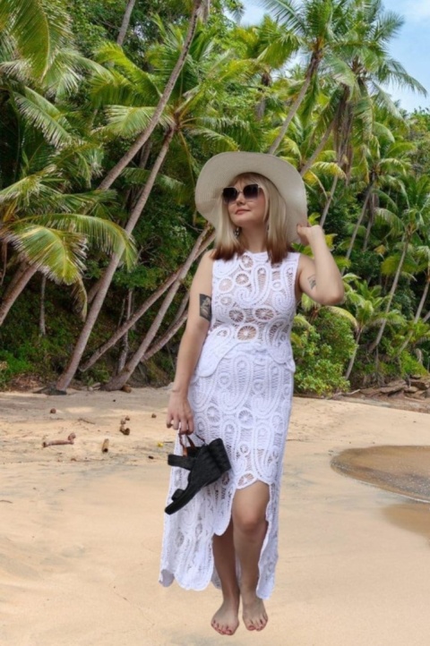 Szydełkowy, ażurowy, asymetryczny komplet-spódnica i top