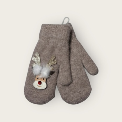 Beżowe rękawiczki jednopalcowe z motywem renifera damskie