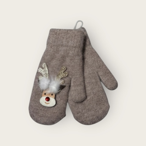 Beżowe rękawiczki jednopalcowe z motywem renifera damskie