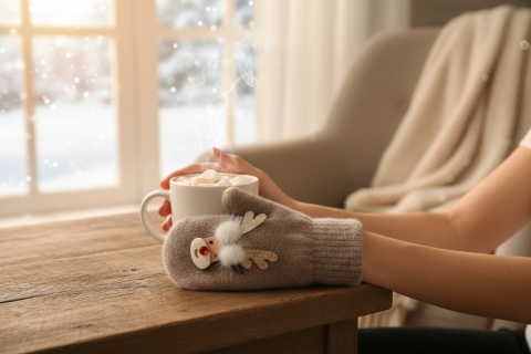 Beżowe rękawiczki jednopalcowe z motywem renifera damskie