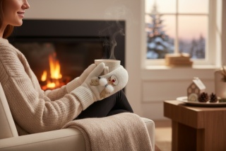 Ecru rękawiczki jednopalcowe z motywem renifera damskie