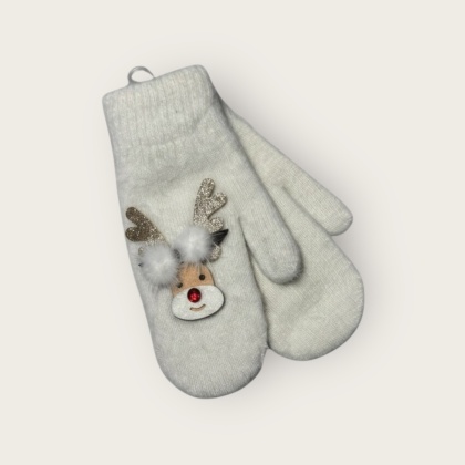 Ecru rękawiczki jednopalcowe z motywem renifera damskie