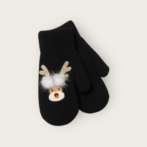Czarne rękawiczki jednopalcowe z motywem renifera damskie