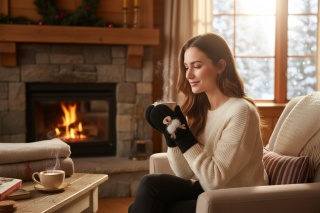 Czarne rękawiczki jednopalcowe z motywem renifera damskie
