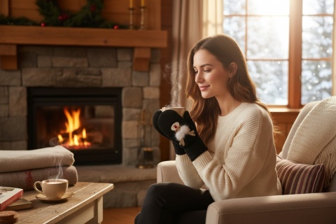 Czarne rękawiczki jednopalcowe z motywem renifera damskie