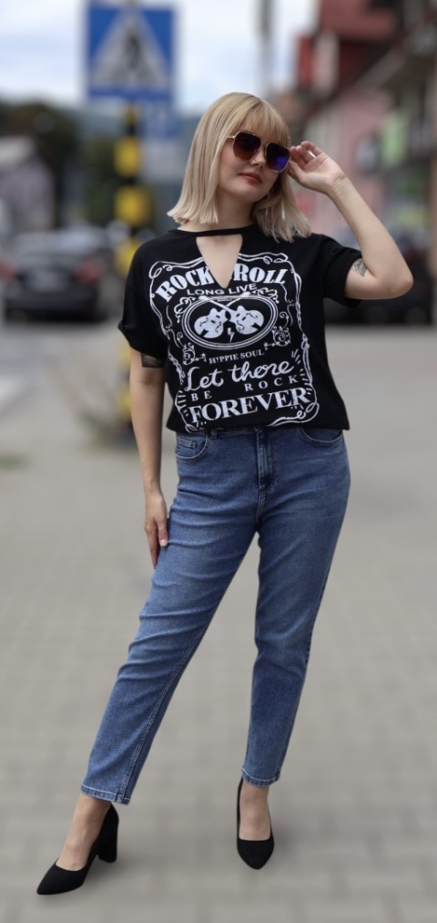 Bluzka bawełniana czarna z nadrukiem rockowym