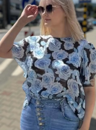 Bluzka mgiełka róże z rękawem w kształcie skrzydeł motyla