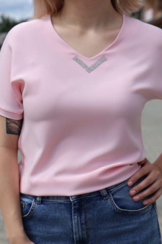 Bluzka z dekoltem w serek, krótki rękaw, ozdobne kryształki