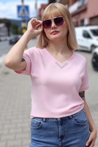 Bluzka z dekoltem w serek, krótki rękaw, ozdobne kryształki