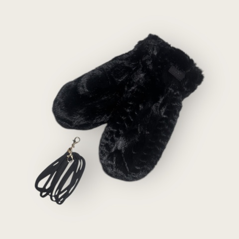 Czarne futerkowe rękawiczki damskie ze sznureczkiem