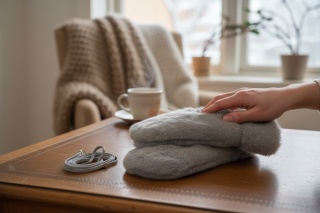 Szare futerkowe rękawiczki damskie ze sznureczkiem