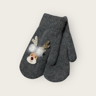 Szare rękawiczki jednopalcowe z motywem renifera damskie
