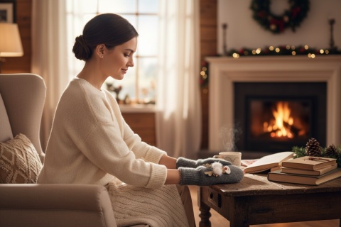 Szare rękawiczki jednopalcowe z motywem renifera damskie