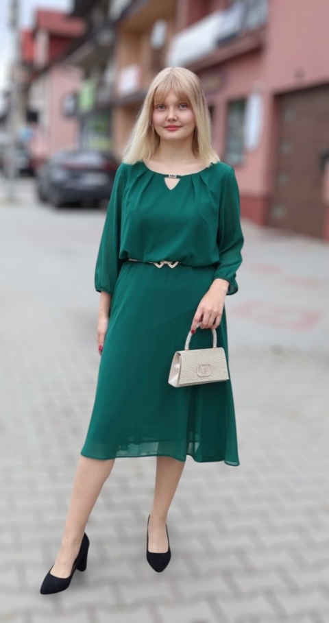 Elegancka, szyfonowa, rozkloszowana sukienka butelkowa zieleń