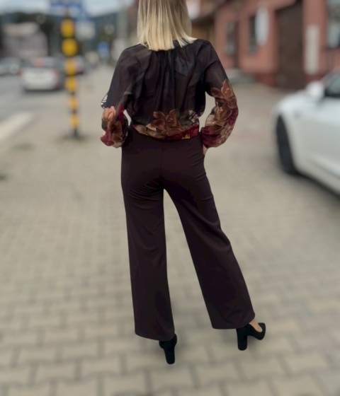 Eleganckie szerokie spodnie dzianinowe, ciemna czekolada