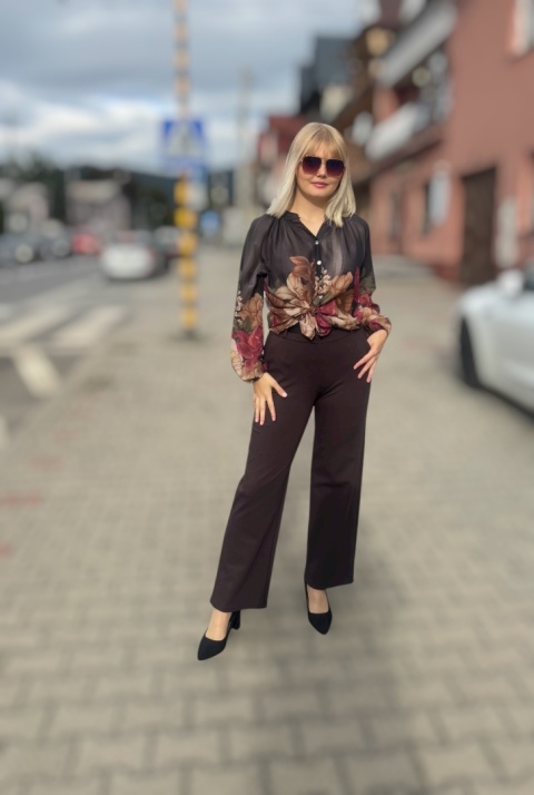 Eleganckie szerokie spodnie dzianinowe, ciemna czekolada