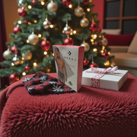 Granatowo-czerwone bokserki Moraj z motywem świątecznym i piernikowym akcentem