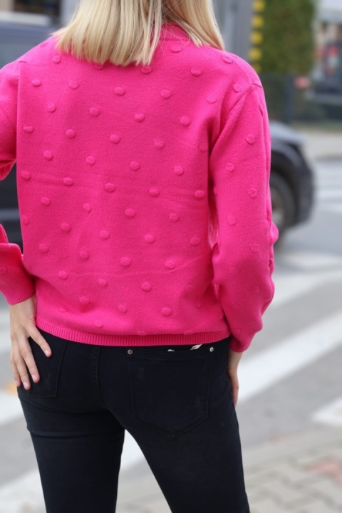 Klasyczny sweterek damski , tłoczony wzór kropki, fuksja