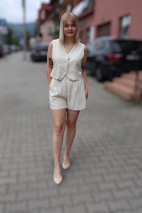 Komplet garniturowy, lniano wiskozowy, kamizelka i spodenki, beżowy