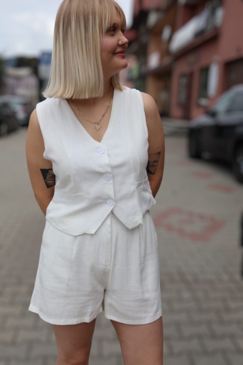 Komplet garniturowy, lniano wiskozowy, kamizelka i spodenki, biały