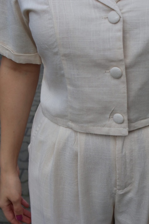 Lniano wiskozowy komplet szerokie spodnie i krótka bluzka, beżowy