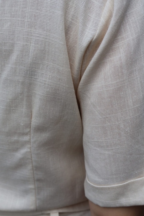 Lniano wiskozowy komplet szerokie spodnie i krótka bluzka, beżowy