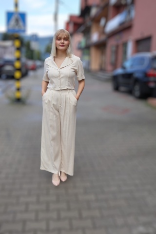 Lniano wiskozowy komplet szerokie spodnie i krótka bluzka, beżowy