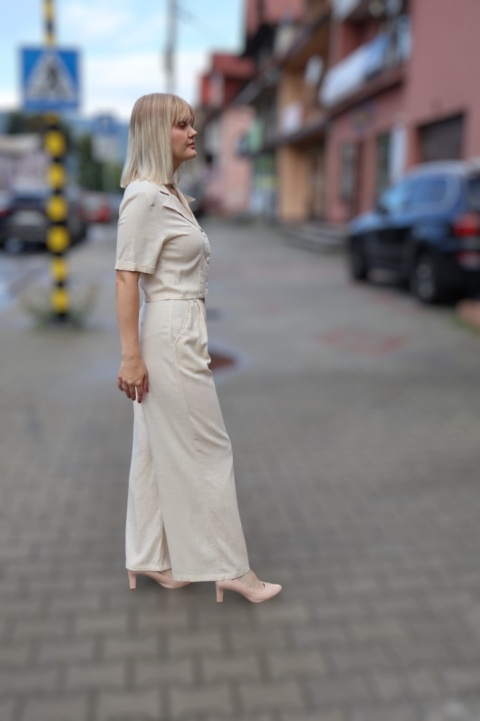 Lniano wiskozowy komplet szerokie spodnie i krótka bluzka, beżowy