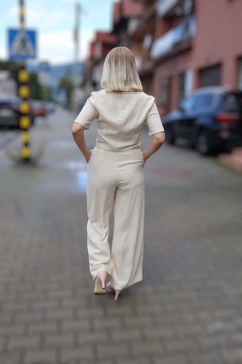 Lniano wiskozowy komplet szerokie spodnie i krótka bluzka, beżowy