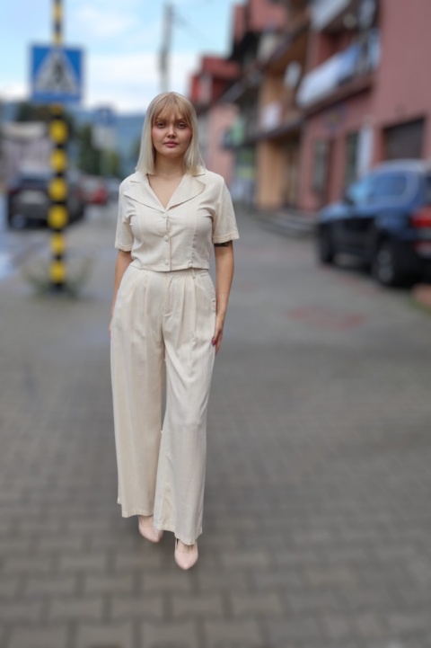 Lniano wiskozowy komplet szerokie spodnie i krótka bluzka, beżowy