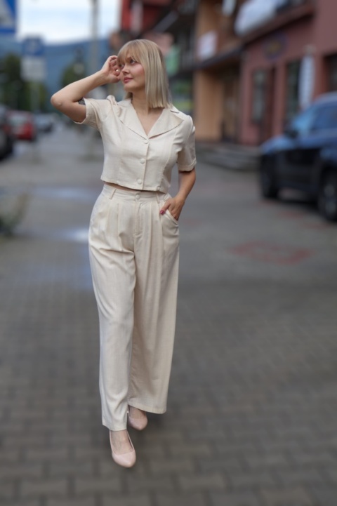 Lniano wiskozowy komplet szerokie spodnie i krótka bluzka, beżowy