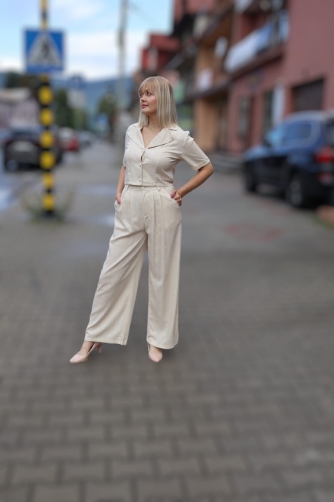 Lniano wiskozowy komplet szerokie spodnie i krótka bluzka, beżowy