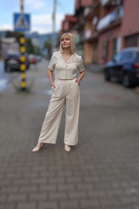 Lniano wiskozowy komplet szerokie spodnie i krótka bluzka, beżowy