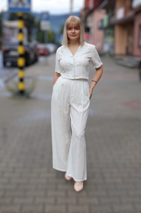 Lniano wiskozowy komplet szerokie spodnie i krótka bluzka, biały